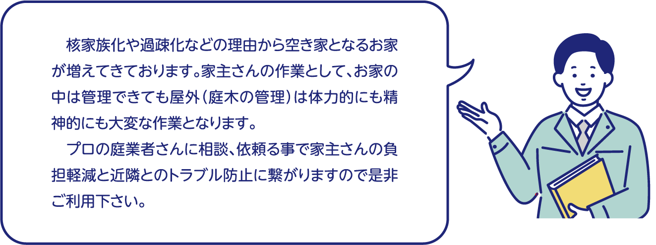 核家族化や過疎化などの理由から空き家となるお家が増えてきております。家主さんの作業として、お家の中は管理できても屋外(庭木の管理)は体力的にも精神的にも大変な作業となります。  プロの庭業者さんに相談、依頼る事で家主さんの負担軽減と近隣とのトラブル防止に繋がりますので是非ご利用下さい。